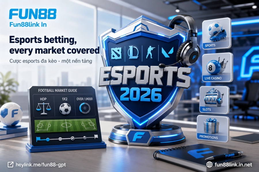 Sảnh esports Fun88 với kèo Dota 2 LoL CS2 Valorant 2026